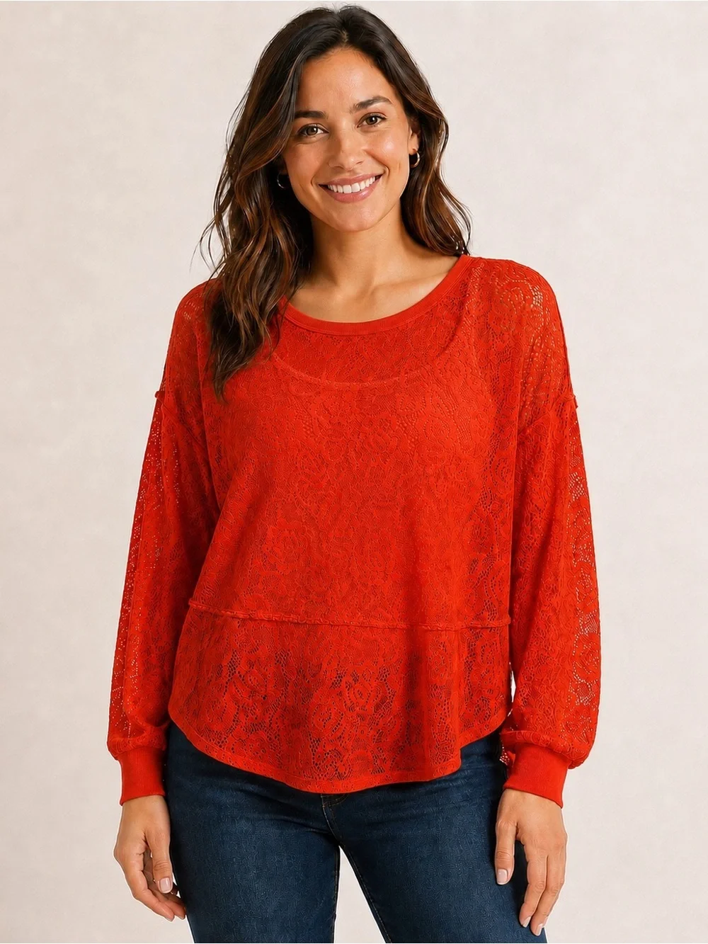 Free People Scarlet Red Lace Layered Long Sleeve Top
